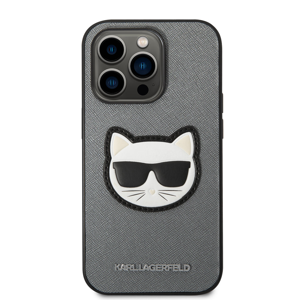 Hülle für Apple iPhone 14 Pro, Karl Lagerfeld, Saffiano Choupette's Head, Silbern