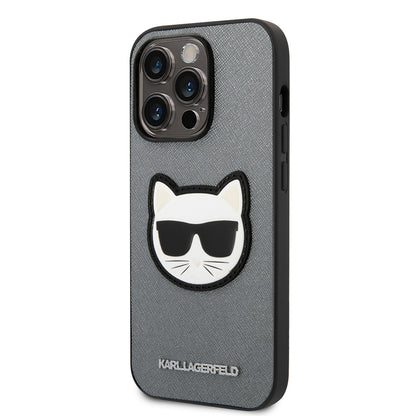 Hülle für Apple iPhone 14 Pro, Karl Lagerfeld, Saffiano Choupette's Head, Silbern