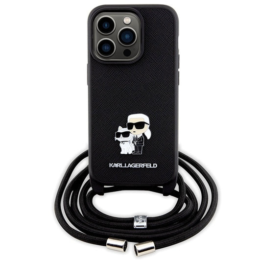 Hülle für Apple iPhone 14 Pro, Karl Lagerfeld, Saffiano Crossbody Metal Pin Karl & Choupette, Schwarz