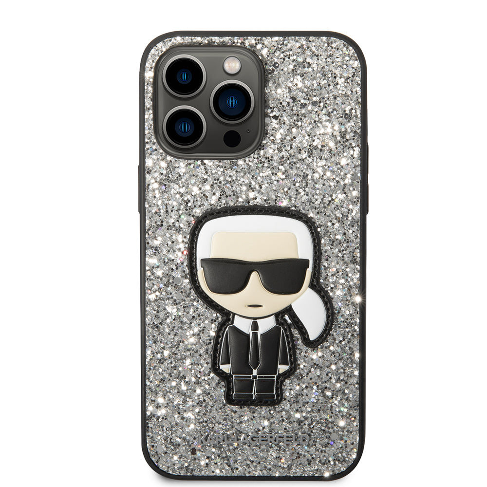 Hülle für Apple iPhone 14 Pro Max, Karl Lagerfeld, Glitter Flakes Ikonik Karl, Silbern
