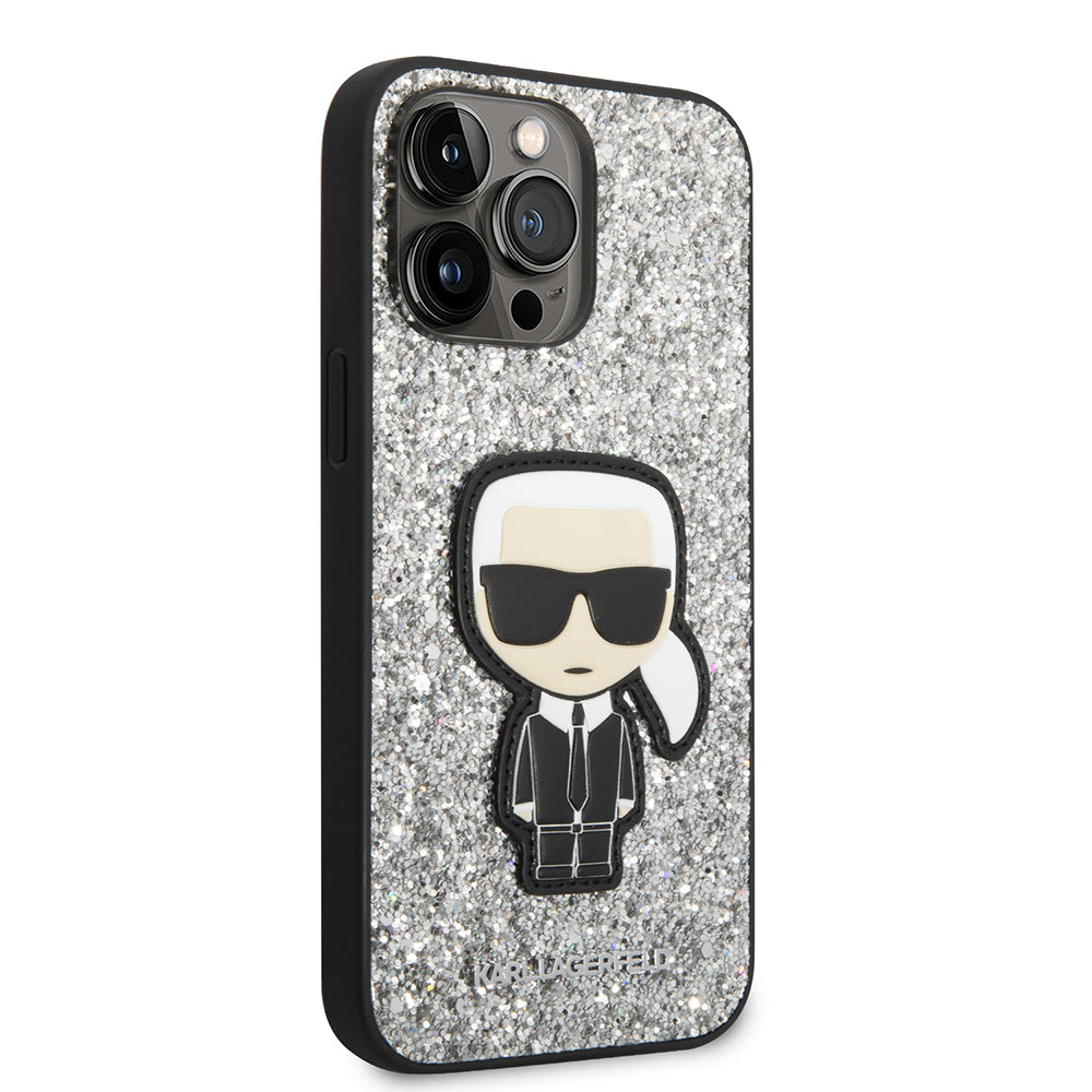 Hülle für Apple iPhone 14 Pro Max, Karl Lagerfeld, Glitter Flakes Ikonik Karl, Silbern