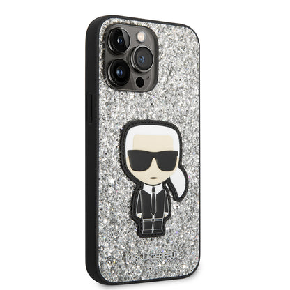 Hülle für Apple iPhone 14 Pro Max, Karl Lagerfeld, Glitter Flakes Ikonik Karl, Silbern