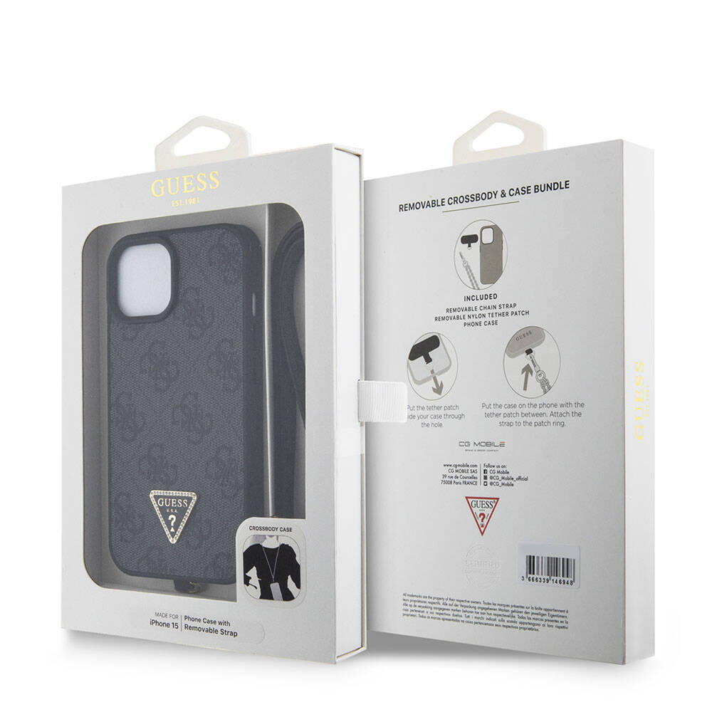 Hülle für Apple iPhone 15 / 14, Guess, Crossbody 4G Metal Logo, Schwarz