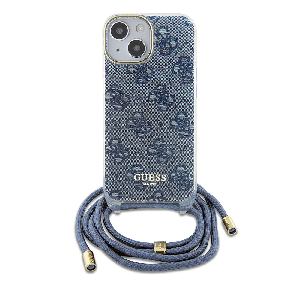 Hülle für Apple iPhone 15, Guess, Crossbody Cord 4G Print, Blau