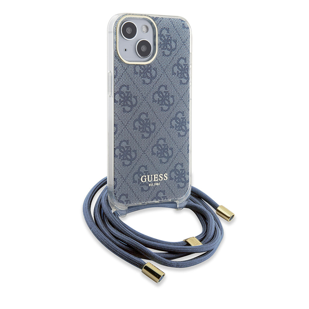 Hülle für Apple iPhone 15, Guess, Crossbody Cord 4G Print, Blau