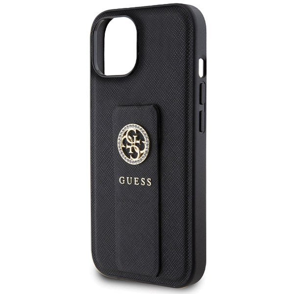 Hülle für Apple iPhone 15, Guess, Grip Stand 4G Saffiano Strass, Schwarz