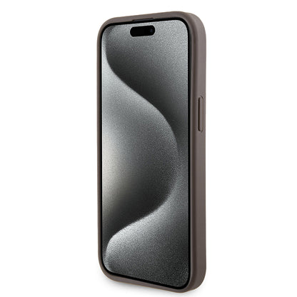 Hülle für Apple iPhone 15, Guess, Grip Stand 4G Triangle Strass, Braun