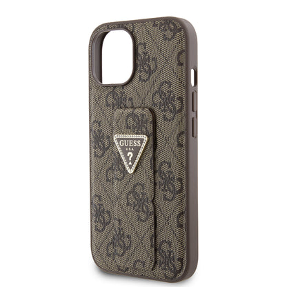 Hülle für Apple iPhone 15, Guess, Grip Stand 4G Triangle Strass, Braun