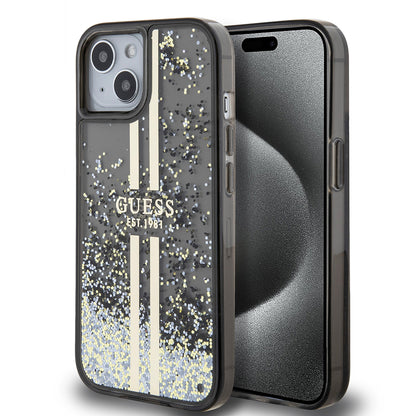 Case for Apple iPhone 15, Guess, Liquid Glitter Gold Stripes, Black