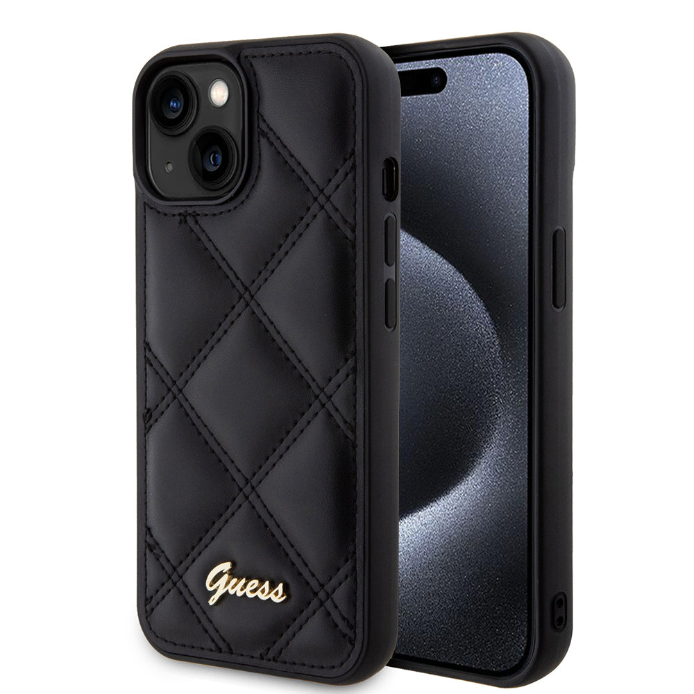 Hülle für Apple iPhone 15, Guess, Quilted Metal Logo, Schwarz