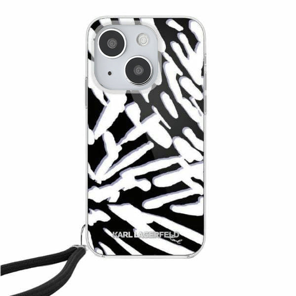 Hülle für Apple iPhone 15, Karl Lagerfeld, IML Luxury Zebra Muster mit Trageriemen, Schwarz