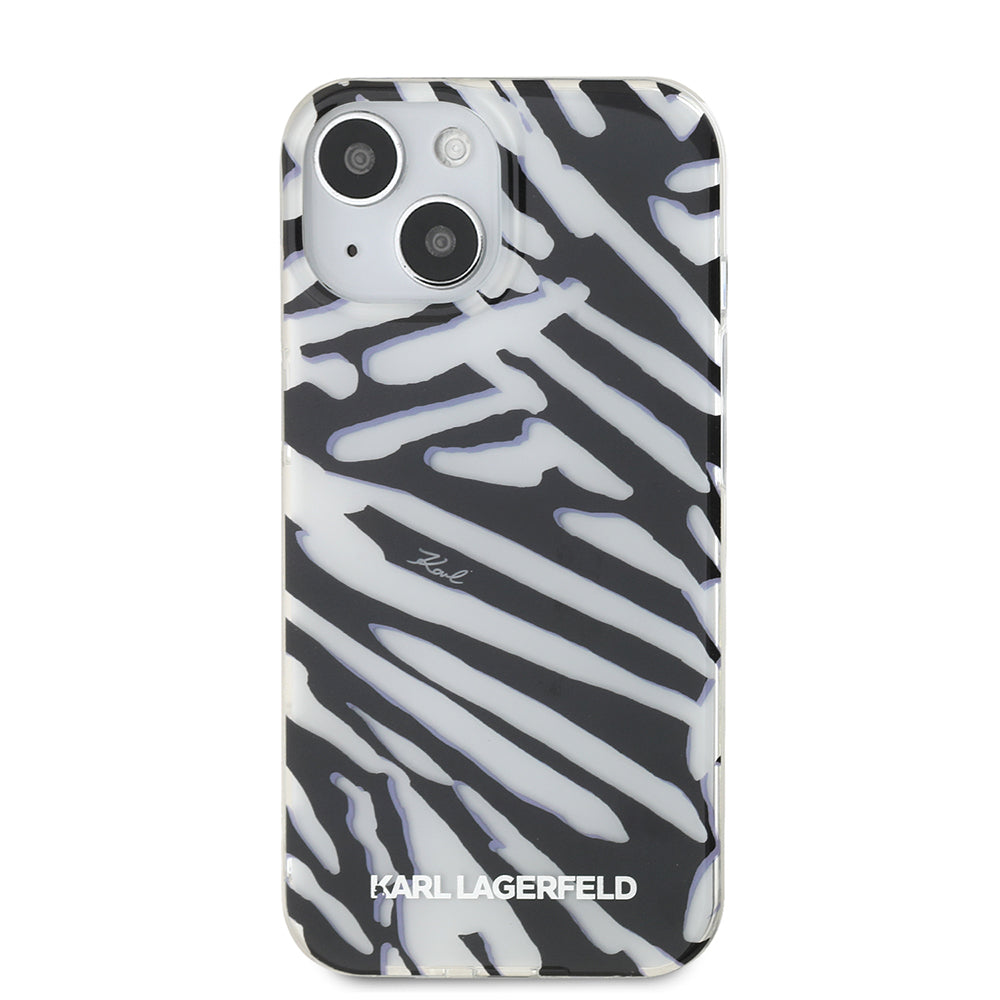 Hülle für Apple iPhone 15, Karl Lagerfeld, IML Luxury Zebra Muster mit Trageriemen, Schwarz