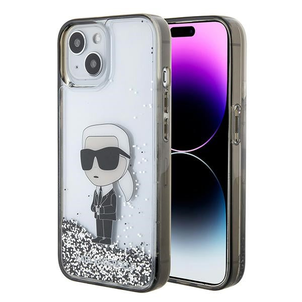 Hülle für Apple iPhone 15, Karl Lagerfeld, Liquid Glitter Ikonik Karl, Transparent