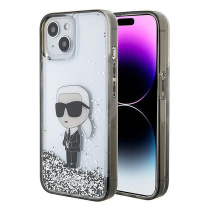 Hülle für Apple iPhone 15, Karl Lagerfeld, Liquid Glitter Ikonik Karl, Transparent