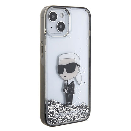 Hülle für Apple iPhone 15, Karl Lagerfeld, Liquid Glitter Ikonik Karl, Transparent