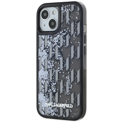 Hülle für Apple iPhone 15, Karl Lagerfeld, Liquid Glitter Monogram, Schwarz