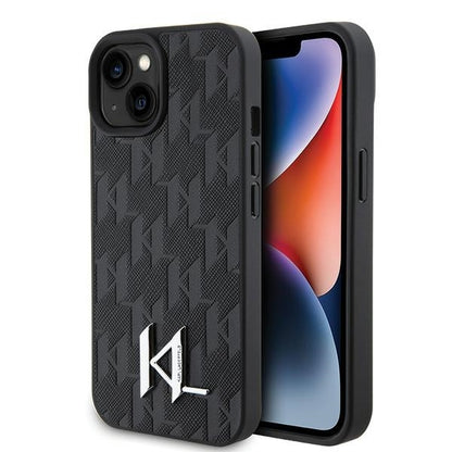 Hülle für Apple iPhone 15, Karl Lagerfeld, Monogram Hot Stamp Metal Logo, Schwarz