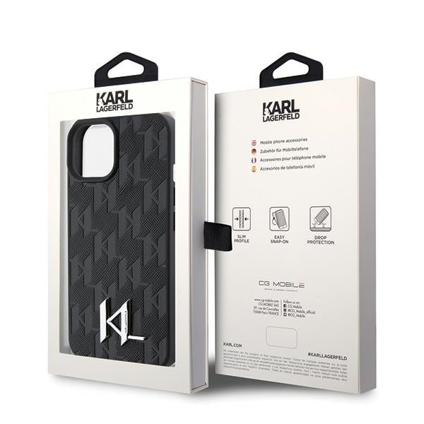 Hülle für Apple iPhone 15, Karl Lagerfeld, Monogram Hot Stamp Metal Logo, Schwarz