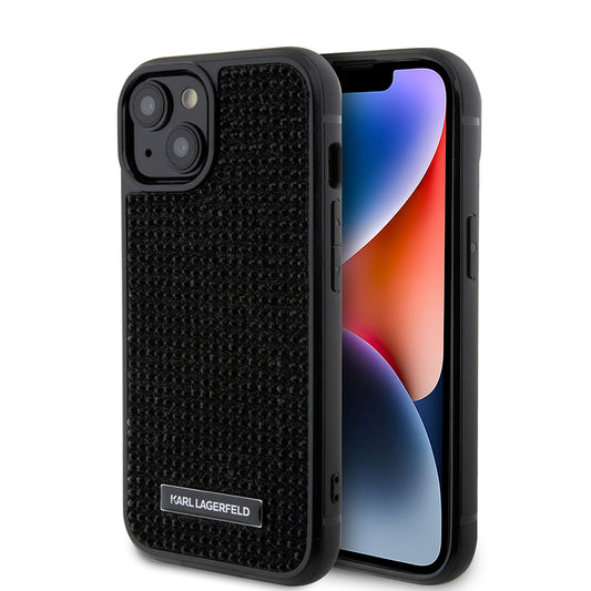 Hülle für Apple iPhone 15, Karl Lagerfeld, Rhinestone Metal Plate, Schwarz