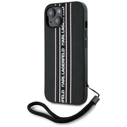 Hülle für Apple iPhone 15, Karl Lagerfeld, Saffiano Athleisure Stripes mit Trageriemen, Rosa