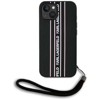 Hülle für Apple iPhone 15, Karl Lagerfeld, Saffiano Athleisure Stripes mit Trageriemen, Rosa
