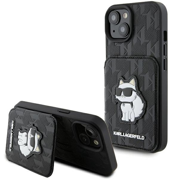 Hülle für Apple iPhone 15, Karl Lagerfeld, Saffiano Kartenfächer und Ständer Monogramm Choupette, Schwarz