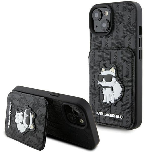 Hülle für Apple iPhone 15, Karl Lagerfeld, Saffiano Kartenfächer und Ständer Monogramm Choupette, Schwarz