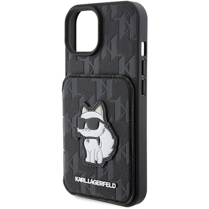 Hülle für Apple iPhone 15, Karl Lagerfeld, Saffiano Kartenfächer und Ständer Monogramm Choupette, Schwarz