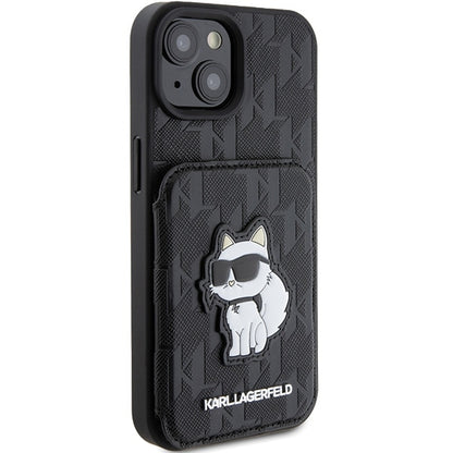 Hülle für Apple iPhone 15, Karl Lagerfeld, Saffiano Kartenfächer und Ständer Monogramm Choupette, Schwarz