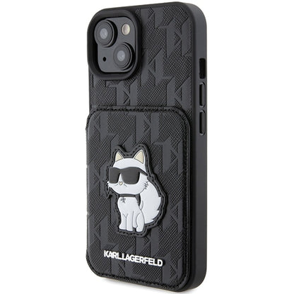 Hülle für Apple iPhone 15, Karl Lagerfeld, Saffiano Kartenfächer und Ständer Monogramm Choupette, Schwarz