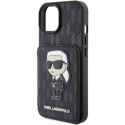 Hülle für Apple iPhone 15, Karl Lagerfeld, Saffiano Kartenfächer und Ständer Monogram Ikonik Karl, Schwarz
