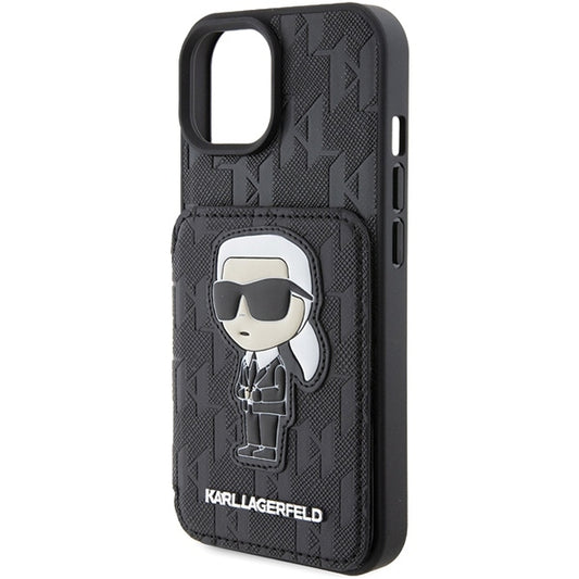 Hülle für Apple iPhone 15, Karl Lagerfeld, Saffiano Kartenfächer und Ständer Monogram Ikonik Karl, Schwarz