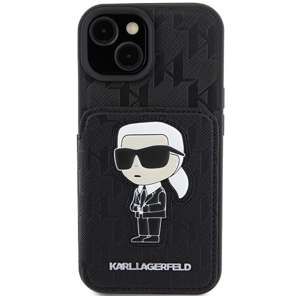 Hülle für Apple iPhone 15, Karl Lagerfeld, Saffiano Kartenfächer und Ständer Monogram Ikonik Karl, Schwarz