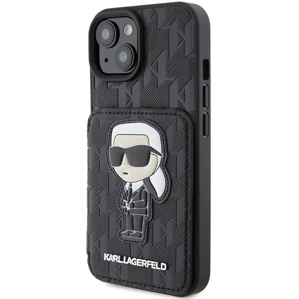 Hülle für Apple iPhone 15, Karl Lagerfeld, Saffiano Kartenfächer und Ständer Monogram Ikonik Karl, Schwarz
