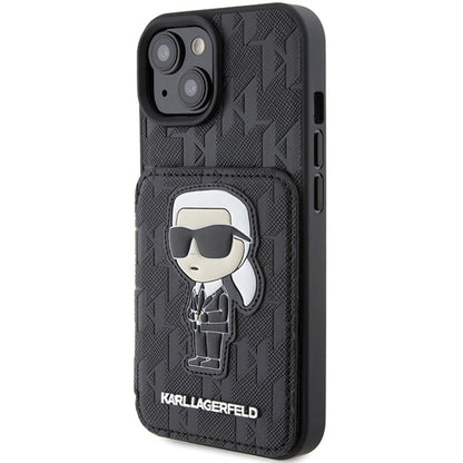 Hülle für Apple iPhone 15, Karl Lagerfeld, Saffiano Kartenfächer und Ständer Monogram Ikonik Karl, Schwarz