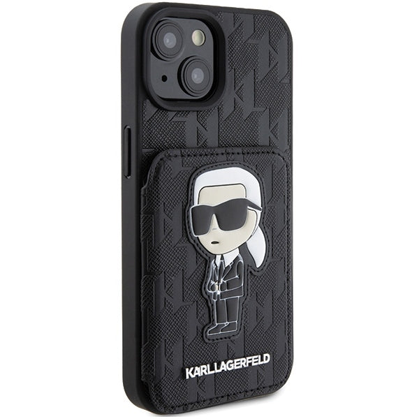 Hülle für Apple iPhone 15, Karl Lagerfeld, Saffiano Kartenfächer und Ständer Monogram Ikonik Karl, Schwarz
