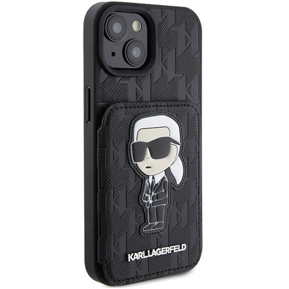 Hülle für Apple iPhone 15, Karl Lagerfeld, Saffiano Kartenfächer und Ständer Monogram Ikonik Karl, Schwarz