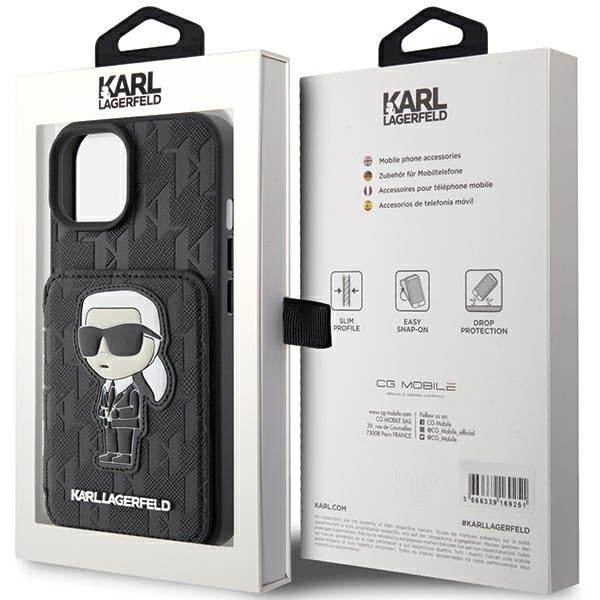 Hülle für Apple iPhone 15, Karl Lagerfeld, Saffiano Kartenfächer und Ständer Monogram Ikonik Karl, Schwarz
