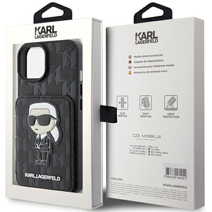 Hülle für Apple iPhone 15, Karl Lagerfeld, Saffiano Kartenfächer und Ständer Monogram Ikonik Karl, Schwarz