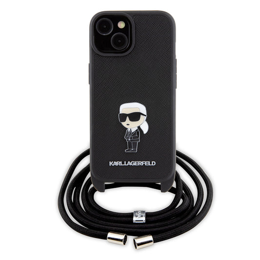 Hülle für Apple iPhone 15, Karl Lagerfeld, Saffiano Crossbody Monogram Metal Pin Karl, Schwarz