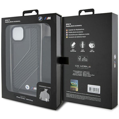 Hülle für Apple iPhone 15 Plus, BMW, M Edition Carbon Stripe & Strap, Schwarz