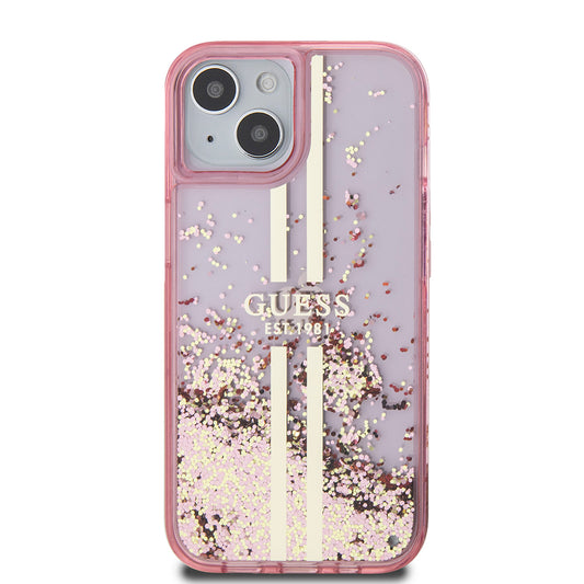 Hülle für Apple iPhone 15 Plus, Guess, Liquid Glitter Gold Stripes, Rosa
