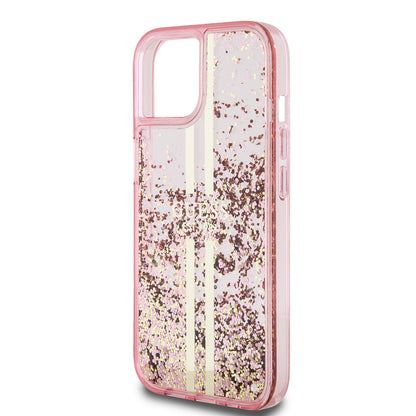 Hülle für Apple iPhone 15 Plus, Guess, Liquid Glitter Gold Stripes, Rosa