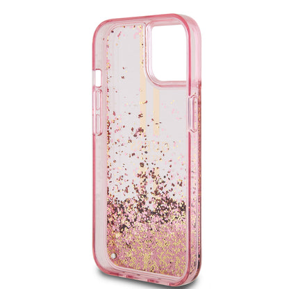 Hülle für Apple iPhone 15 Plus, Guess, Liquid Glitter Gold Stripes, Rosa