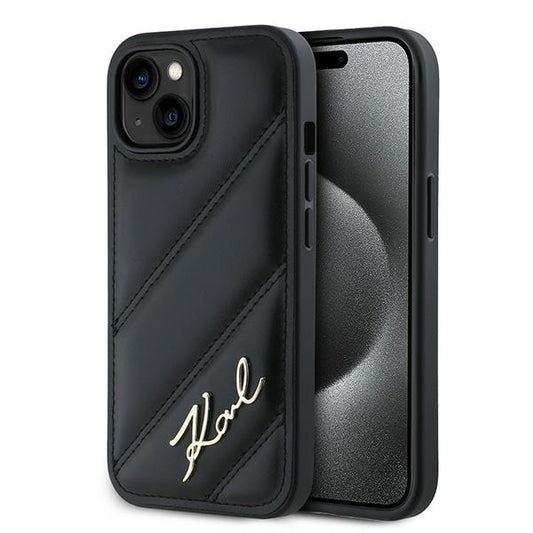 Hülle für Apple iPhone 15 Plus, Karl Lagerfeld, Diagonal Quilted Script, Schwarz