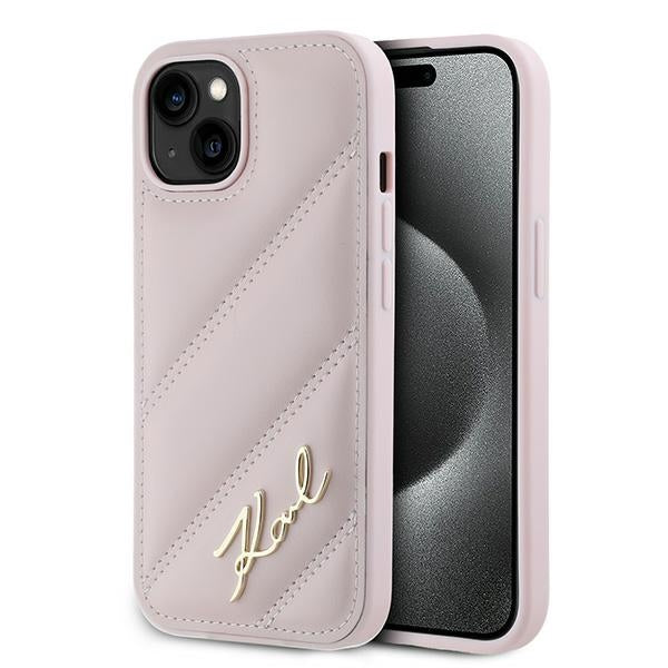 Hülle für Apple iPhone 15 Plus, Karl Lagerfeld, Diagonal Quilted Script, Rosa