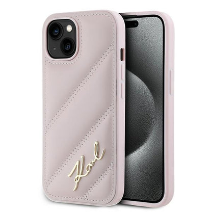 Hülle für Apple iPhone 15 Plus, Karl Lagerfeld, Diagonal Quilted Script, Rosa