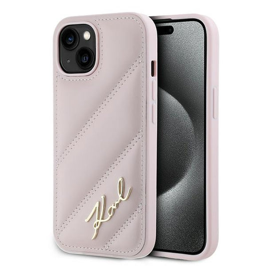Hülle für Apple iPhone 15 Plus, Karl Lagerfeld, Diagonal Quilted Script, Rosa