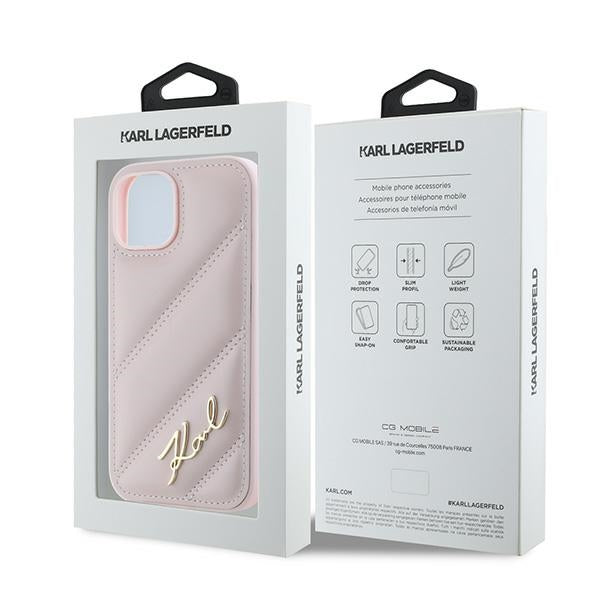 Hülle für Apple iPhone 15 Plus, Karl Lagerfeld, Diagonal Quilted Script, Rosa