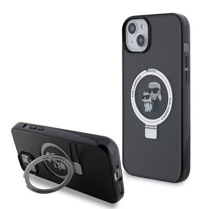 Hülle für Apple iPhone 15 Plus, Karl Lagerfeld, Ringstand Karl & Choupette, Schwarz